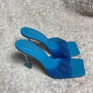 Public Desire Royal clear Blue rubber strap and faux leather slip on sandals SZ8